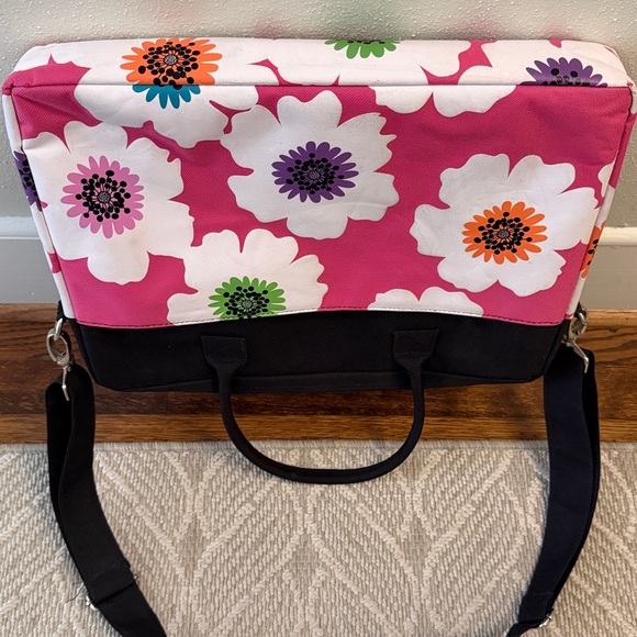 JACKIE Lap Top Case, Pink Floral, Crossbody, 54” strap, Padded Interior, Pockets - Picture 9 of 10
